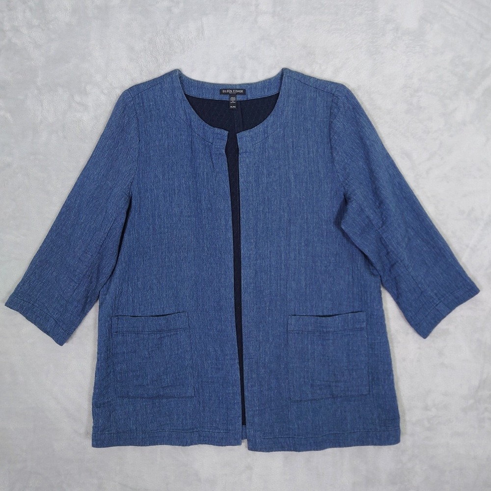Eileen Fisher Chore Jacket Blue Organic Chambray Quilted Petite L S19JZJ